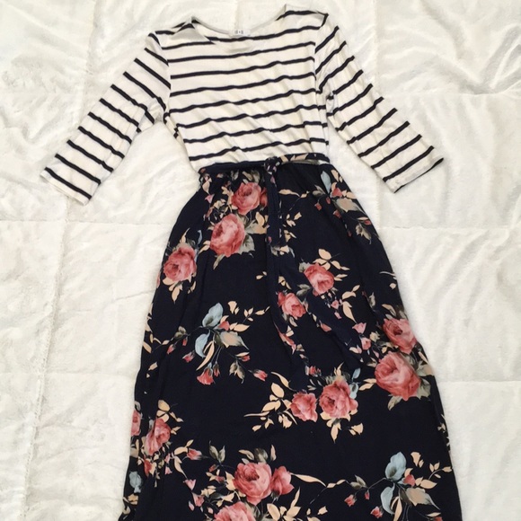 Dresses & Skirts - Lux & Co Maxi Navy Floral and Striped Dress